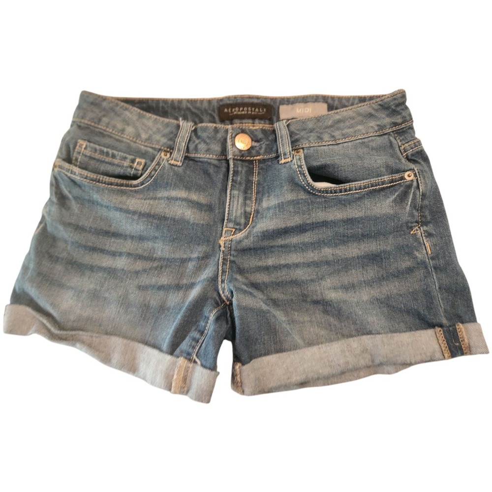 Aeropostale Womens Midi Denim Shorts Medium Wash Cuffed Blue Size 4‎